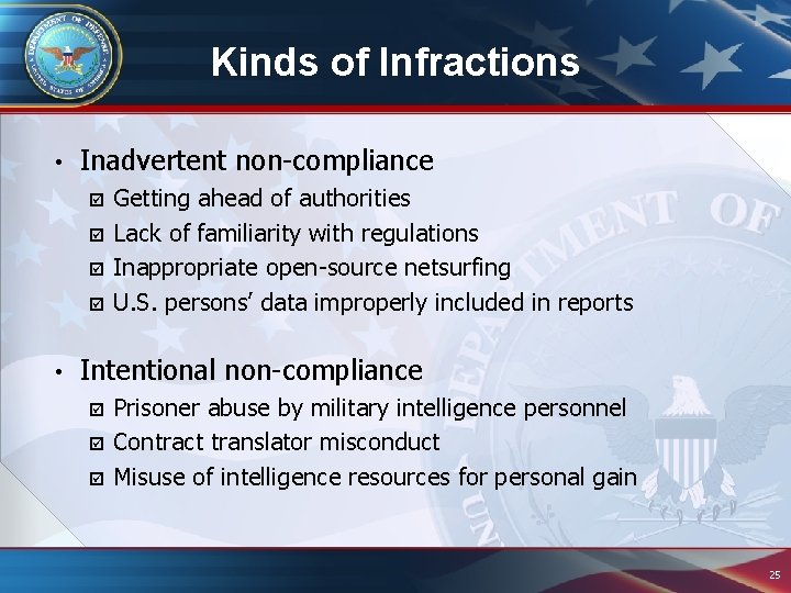 Kinds of Infractions • Inadvertent non-compliance • Getting ahead of authorities Lack of familiarity Kinds of Infractions • Inadvertent non-compliance • Getting ahead of authorities Lack of familiarity