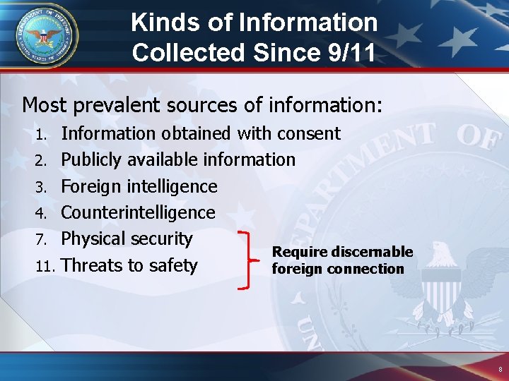 Kinds of Information Collected Since 9/11 Most prevalent sources of information: Information obtained with Kinds of Information Collected Since 9/11 Most prevalent sources of information: Information obtained with