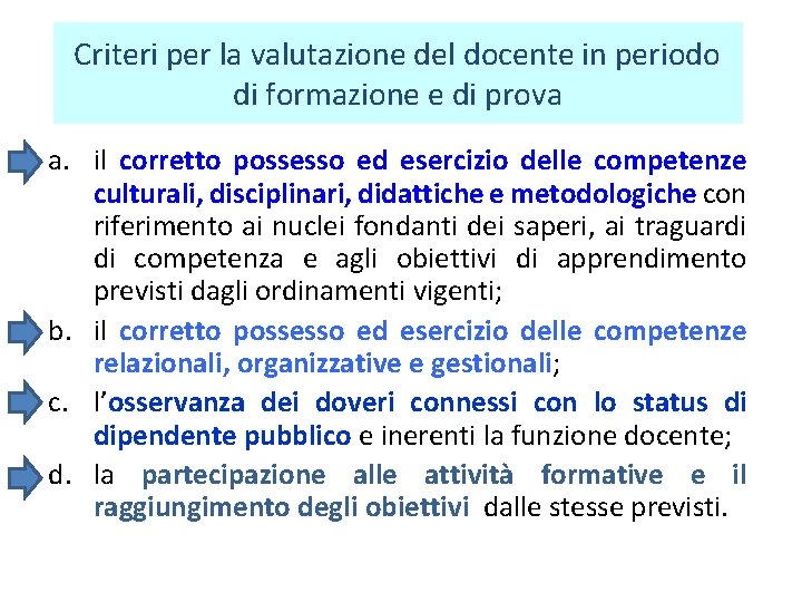 Criteri per la valutazione del docente in periodo di formazione e di prova a.