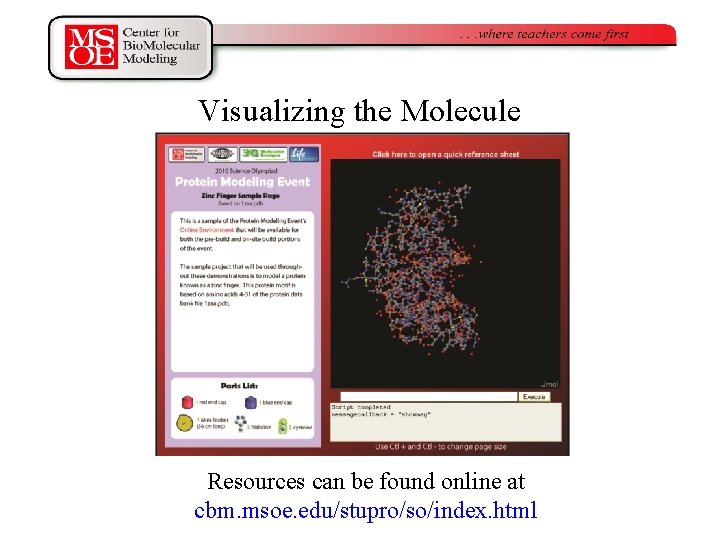 Visualizing the Molecule Resources can be found online at cbm. msoe. edu/stupro/so/index. html Visualizing the Molecule Resources can be found online at cbm. msoe. edu/stupro/so/index. html