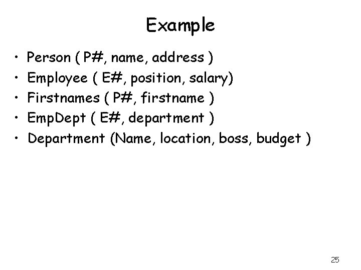 Example • • • Person ( P#, name, address ) Employee ( E#, position,