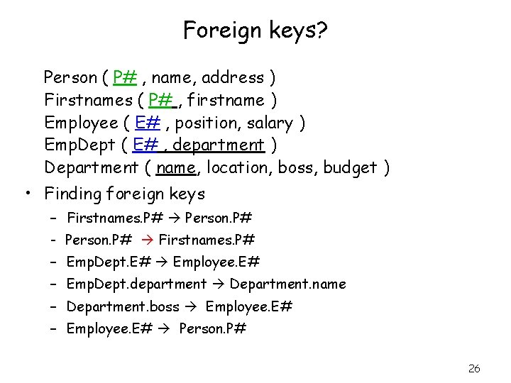 Foreign keys? Person ( P# , name, address ) Firstnames ( P# , firstname