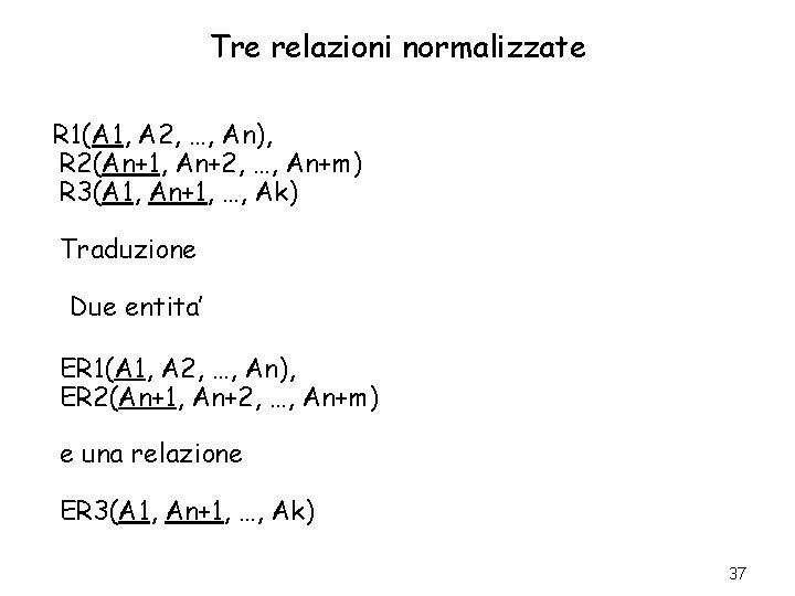 Tre relazioni normalizzate R 1(A 1, A 2, …, An), R 2(An+1, An+2, …,