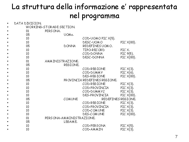 La struttura della informazione e’ rappresentata nel programma • • • • • •