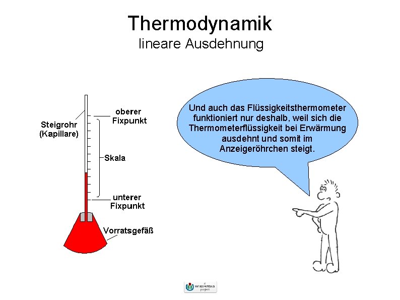 Thermodynamik lineare Ausdehnung Und auch das Flüssigkeitsthermometer funktioniert nur deshalb, weil sich die Thermometerflüssigkeit