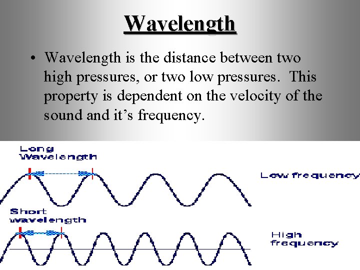 Wavelength • Wavelength is the distance between two high pressures, or two low pressures.