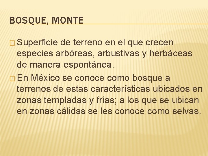 BOSQUE, MONTE � Superficie de terreno en el que crecen especies arbóreas, arbustivas y