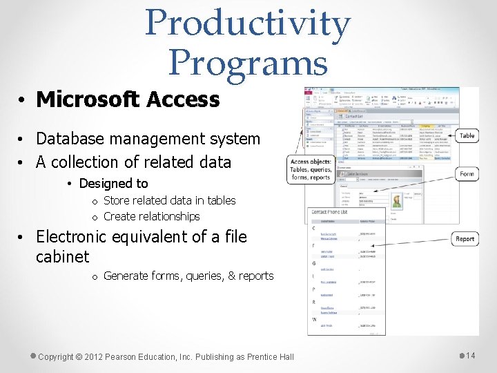 Productivity Programs • Microsoft Access • Database management system • A collection of related