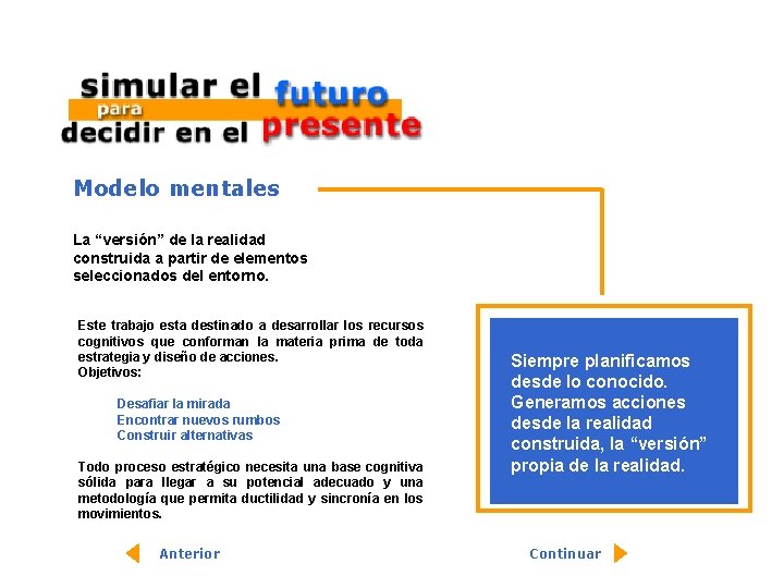 Modelo mentales La “versión” de la realidad construida a partir de elementos seleccionados del