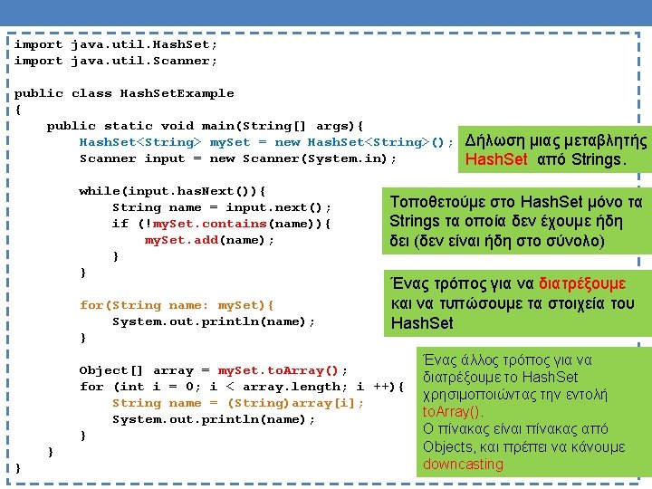 import java. util. Hash. Set; import java. util. Scanner; public class Hash. Set. Example