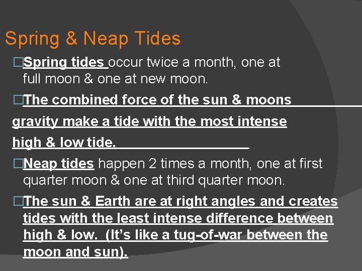 Spring & Neap Tides �Spring tides occur twice a month, one at full moon