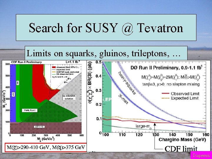 Search for SUSY @ Tevatron Limits on squarks, gluinos, trileptons, … Duperrin 