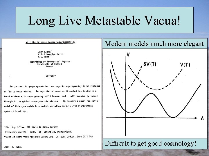 Long Live Metastable Vacua! Modern models much more elegant Difficult to get good cosmology!