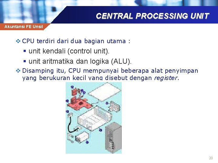 CENTRAL PROCESSING UNIT Akuntansi FE Unsil v CPU terdiri dari dua bagian utama :