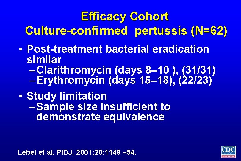 Efficacy Cohort Culture-confirmed pertussis (N=62) • Post-treatment bacterial eradication similar – Clarithromycin (days 8–