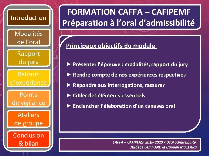 Introduction Modalits de loral Rapport du jury FORMATION