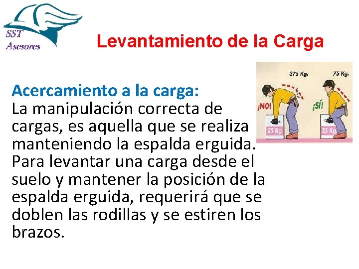 Levantamiento de la Carga Acercamiento a la carga: La manipulación correcta de cargas, es Levantamiento de la Carga Acercamiento a la carga: La manipulación correcta de cargas, es