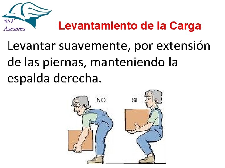 Levantamiento de la Carga Levantar suavemente, por extensión de las piernas, manteniendo la espalda Levantamiento de la Carga Levantar suavemente, por extensión de las piernas, manteniendo la espalda