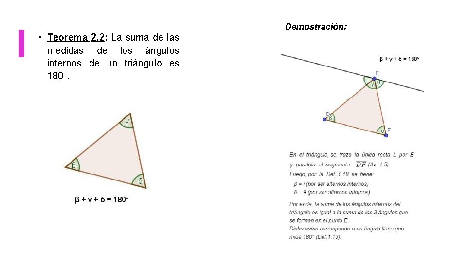 Demostración: • Teorema 2. 2: La suma de las medidas de los ángulos internos