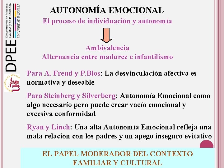 AUTONOMÍA EMOCIONAL El proceso de individuación y autonomía Ambivalencia Alternancia entre madurez e infantilismo