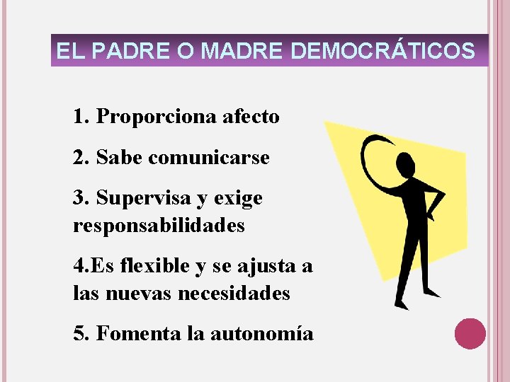 EL PADRE O MADRE DEMOCRÁTICOS 1. Proporciona afecto 2. Sabe comunicarse 3. Supervisa y