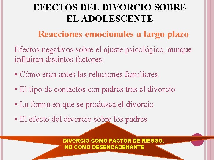 EFECTOS DEL DIVORCIO SOBRE EL ADOLESCENTE Reacciones emocionales a largo plazo Efectos negativos sobre