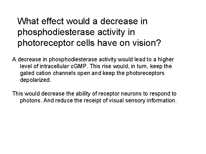 What effect would a decrease in phosphodiesterase activity in photoreceptor cells have on vision?