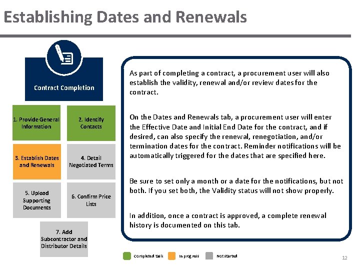 Establishing Dates and Renewals Contract Completion 1. Provide General Information 2. Identify Contacts 3. Establishing Dates and Renewals Contract Completion 1. Provide General Information 2. Identify Contacts 3.