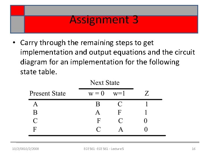 Assignment 3 • Carry through the remaining steps to get implementation and output equations Assignment 3 • Carry through the remaining steps to get implementation and output equations