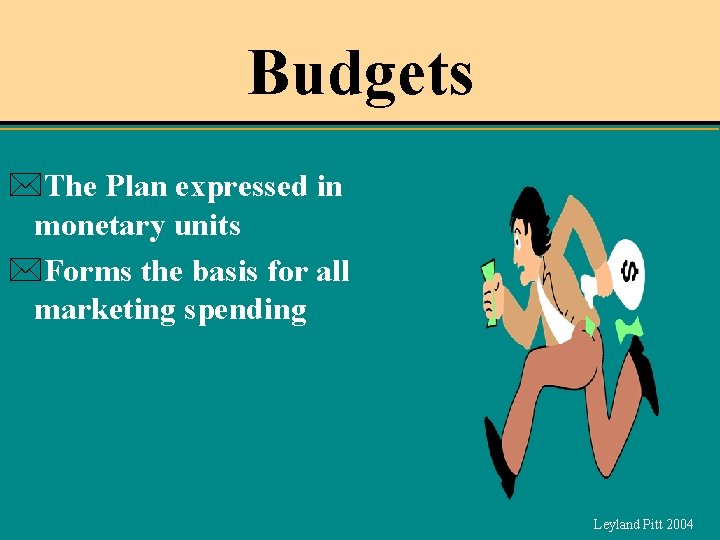 Budgets *The Plan expressed in monetary units *Forms the basis for all marketing spending