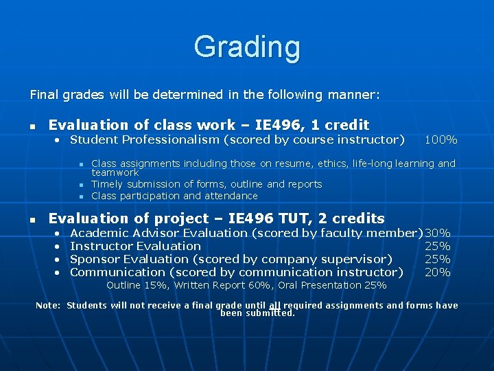 Grading Final grades will be determined in the following manner: n Evaluation of class Grading Final grades will be determined in the following manner: n Evaluation of class