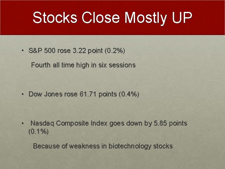 Stocks Close Mostly UP • S&P 500 rose 3. 22 point (0. 2%) Fourth