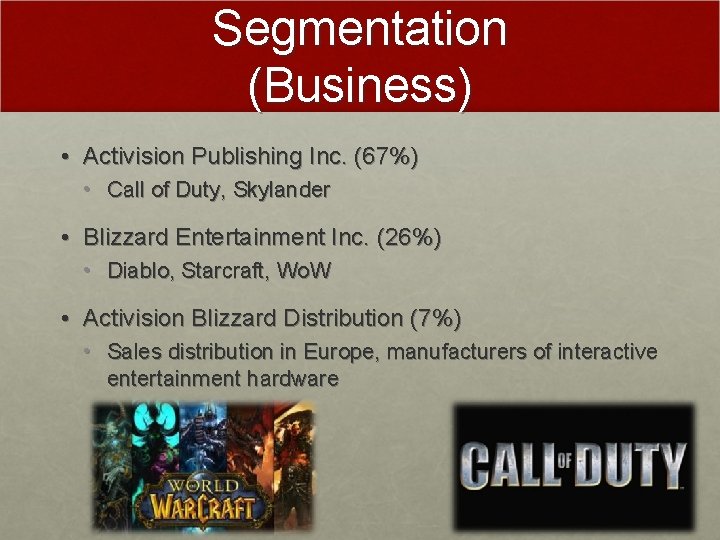 Segmentation (Business) • Activision Publishing Inc. (67%) • Call of Duty, Skylander • Blizzard