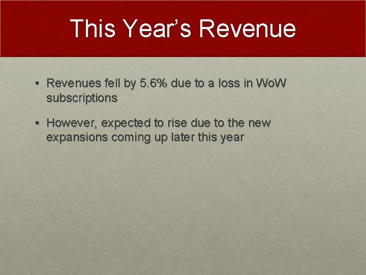 This Year’s Revenue • Revenues fell by 5. 6% due to a loss in