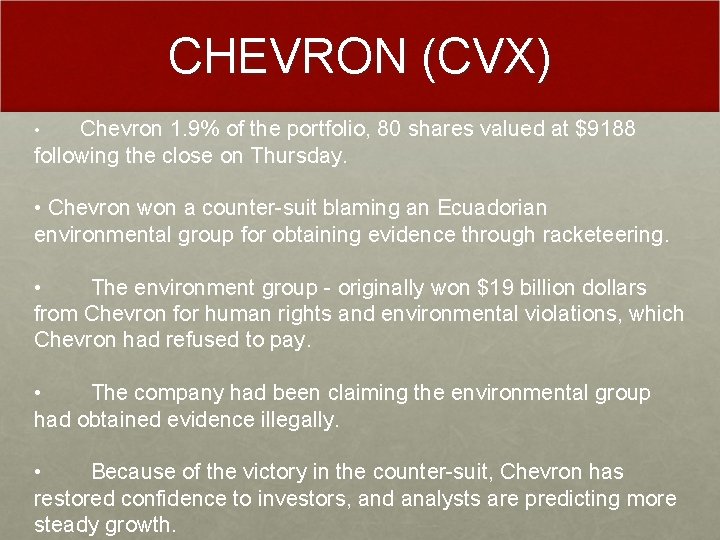 CHEVRON (CVX) Chevron 1. 9% of the portfolio, 80 shares valued at $9188 following