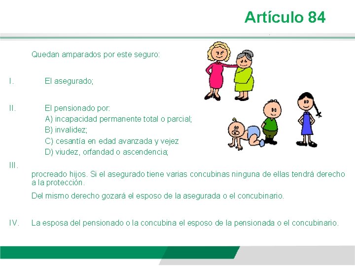 Artículo 84 Quedan amparados por este seguro: I. El asegurado; II. El pensionado por: