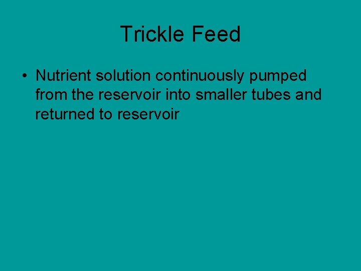 Trickle Feed • Nutrient solution continuously pumped from the reservoir into smaller tubes and