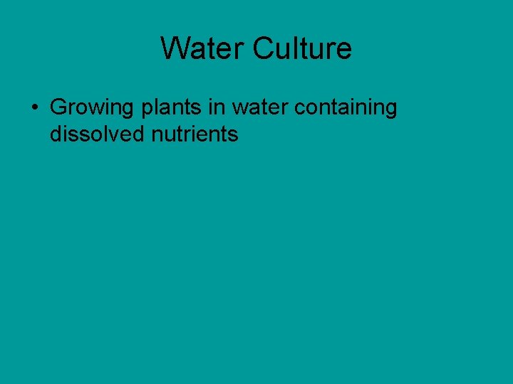 Water Culture • Growing plants in water containing dissolved nutrients 