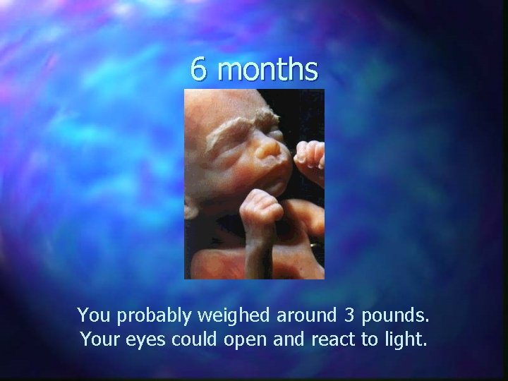 6 months You probably weighed around 3 pounds. Your eyes could open and react