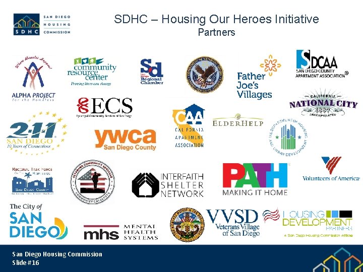 SDHC – Housing Our Heroes Initiative Partners San Diego Housing Commission Slide #16 