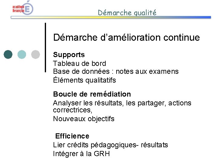 Démarche qualité Démarche d’amélioration continue Supports Tableau de bord Base de données : notes