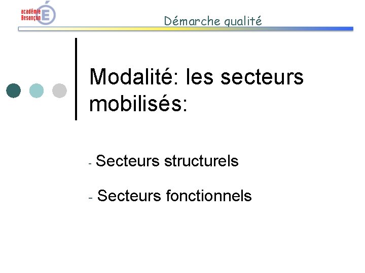 Démarche qualité Modalité: les secteurs mobilisés: - Secteurs structurels - Secteurs fonctionnels 