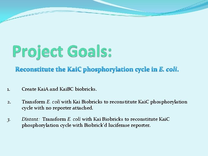 1. Create Kai. A and Kai. BC biobricks. 2. Transform E. coli with Kai