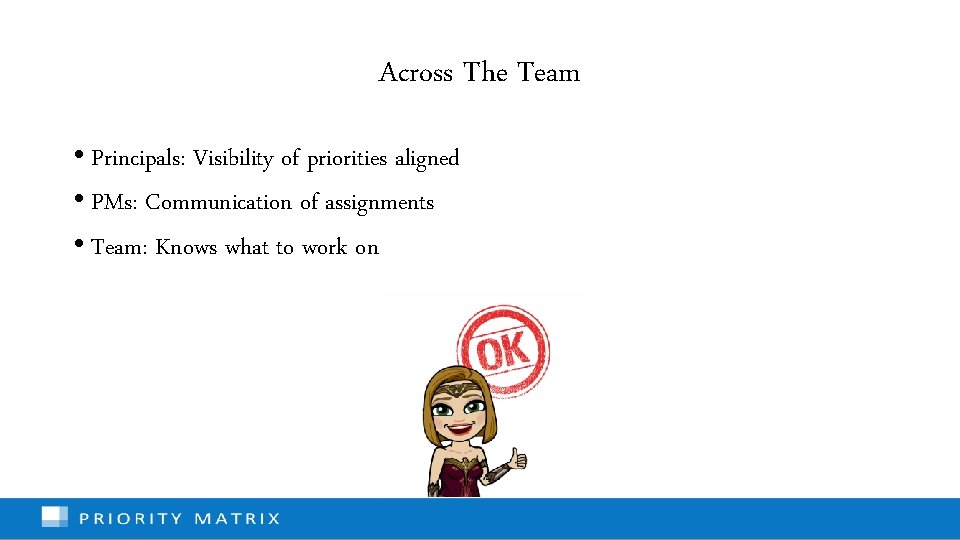 Across The Team • Principals: Visibility of priorities aligned • PMs: Communication of assignments