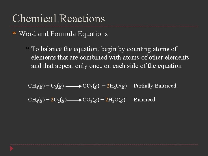 Chemical Reactions Word and Formula Equations To balance the equation, begin by counting atoms