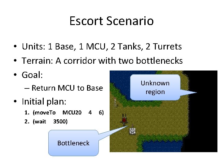 Escort Scenario • Units: 1 Base, 1 MCU, 2 Tanks, 2 Turrets • Terrain: