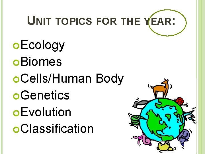 UNIT TOPICS FOR THE YEAR: Ecology Biomes Cells/Human Genetics Evolution Classification Body 