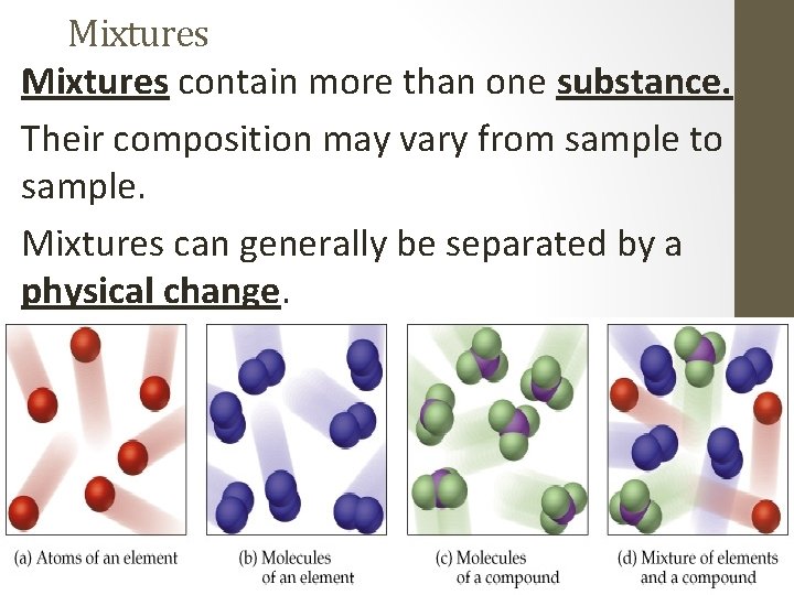 Mixtures contain more than one substance. Their composition may vary from sample to sample.