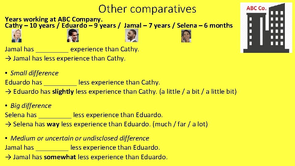 Other comparatives Years working at ABC Company. Cathy – 10 years / Eduardo –