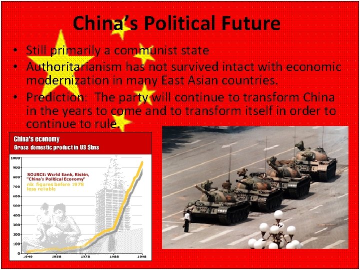China’s Political Future • Still primarily a communist state • Authoritarianism has not survived